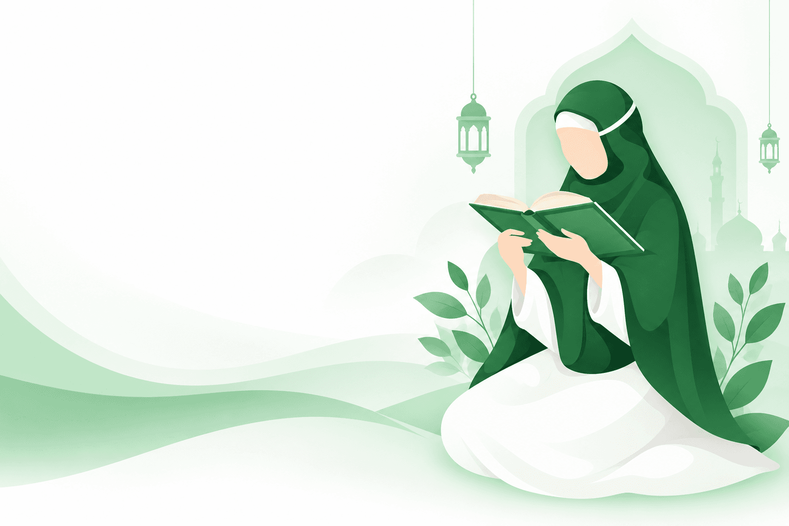 A woman reading the Quran in a green Islamic illustration
